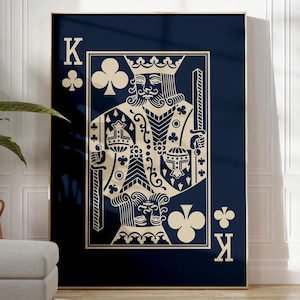 Navy Blue King of Clubs Wall Art – Minimalist Playing Card Print, Modern Game Room Decor, Gift for Him | Canvas, Print or Framed Poster