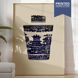 Blue Black Chinoiserie Tea Caddy Print on Cream, Willow Pattern Watercolour, Oriental Jar Decor, Framed Poster or Canvas | TJ-CWA-PP-N