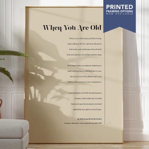 Arte de pared de poesía romántica Cuando eres viejo Impresión de poema de Yeats WB Poema de Yeats Regalo del primer aniversario para esposa Regalos para novia / IMPRESO