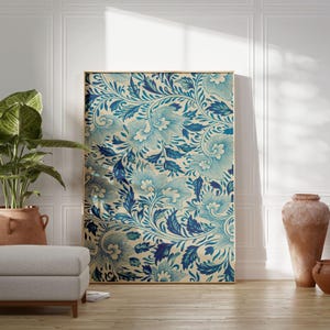 Teal Blue Floral Leaf Printable - Beige Botanical Wall Art, Maximalist Decor (Digital Print File)