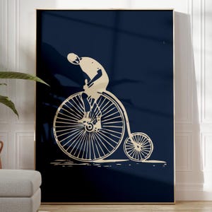 Navy Blue Bike Rider Print Wall Art Dark Blue and Cream Print Gift for Tour de France Race Enthusiast | PRINTED FRAME OPTIONS