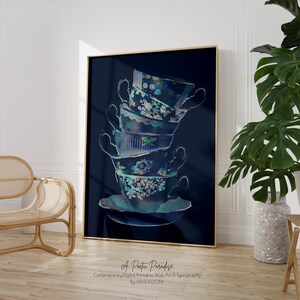 Navy Blue Kitchen Wall Art | Dark Tea Party Watercolour Print | Gift ...