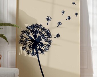 Boho Dandelion Silhouette Print - Blue Beige Nature Art, Whimsical Home Wall Decor