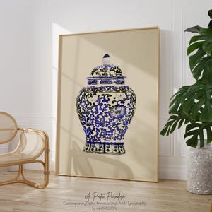 Blue Black Chinoiserie Ginger Jar Print – Cream Beige Background, Willow Style Watercolour, Framed, Canvas or Poster Wall Art GJ-CWA-PP-N