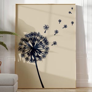 Simple Boho Dandelion Poster Print Blue and Beige Nature-Inspired Living Room Decor | Framed, Unframed or Canvas