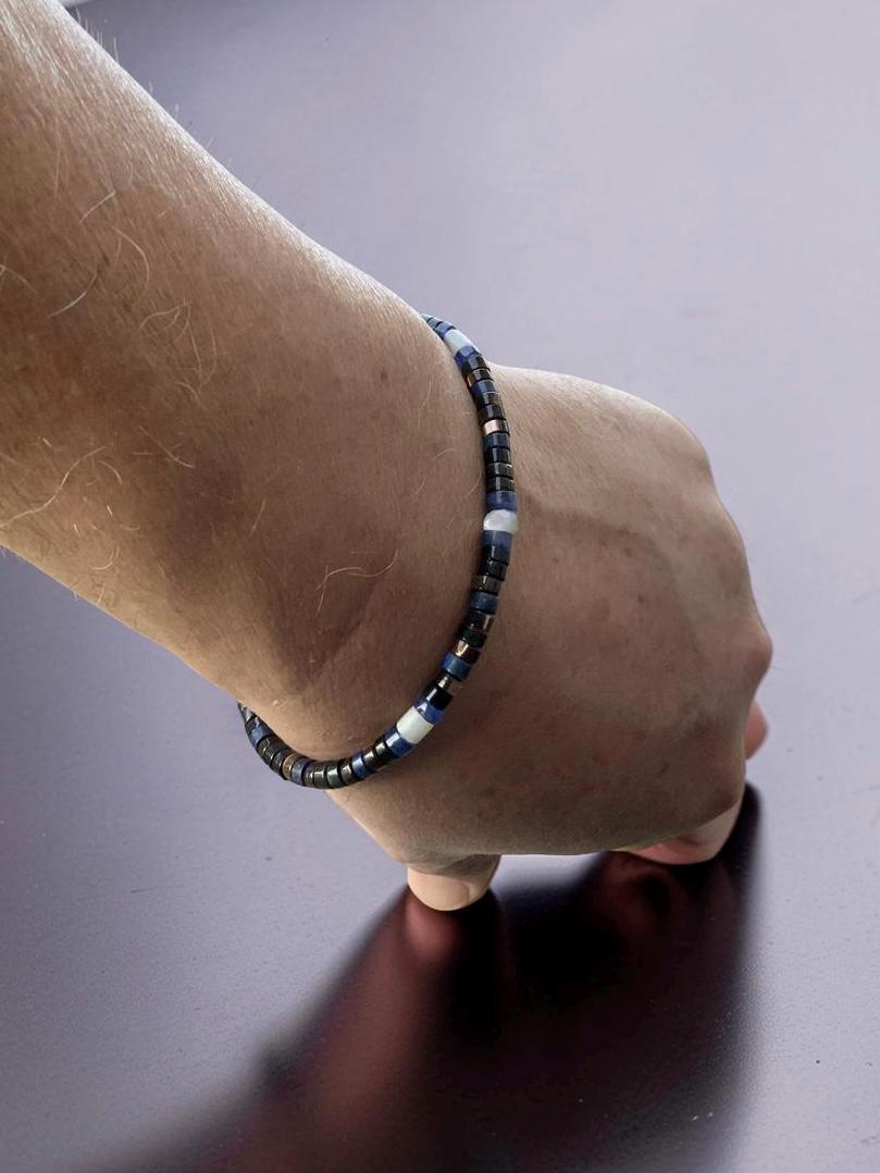 Blue Tiger Eye & Lapis Lazuli Bracelet: Mother of Pearl Heishi, Magnetic Clasp