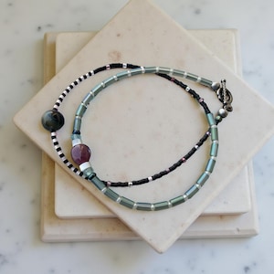 Ruby & Blue Tiger Eye Double Wrap Bracelet: Seafoam Czech Glass, Artisan Toggle Clasp