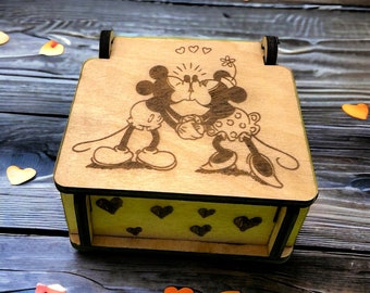 Classic Mickey and Minnie Mouse Drawing Wooden Music Box, Handmade One Of A Kind Gift, Wedding Keepsake, Valentines Gift