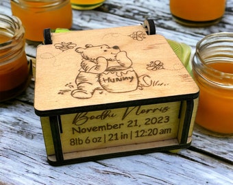 Winnie The Pooh Birth Announcement Wooden Engraved Music Box, Personalized Baby Gift, Baby Keepsake, Nursery Decor