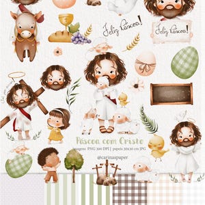 Conjunto de cliparts e papeis digitais Páscoa, Jesus, Páscoa Cristã, Páscoa de Jesus, Feliz Páscoa, Jesus fofo, Aquarela, Watercolor