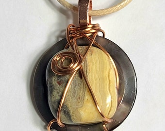 Wire Wrapped Crazy Lace Agate and Vintage Button Pendant Necklace with Adjustable Necklace Cord Included