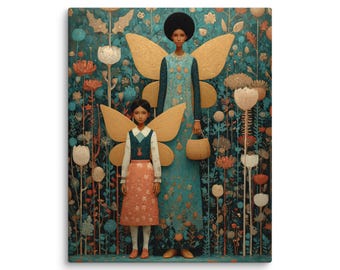 Storybook Fairy Mother and Child Canvas, Whimsical Floral Wall Art, Unique Fantasy Decor