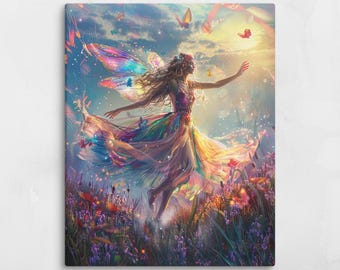 Dancing Fairy in a Field – Bright Color Fantasy Canvas – Whimsical Floating Wall Art – Joyful Magical Decor