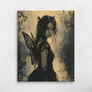 Dark Winged Fairy – Gothic Fantasy Canvas Print – Mystical Fairy Wall Decor – Shadow Spirit Art