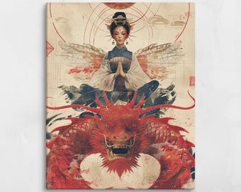 Meditating Woman on Red Dragon - Fantasy Canvas Wall Art - Asian-Inspired Spiritual Artwork - Mythical Home Decor, Zen Warrior Goddess Print