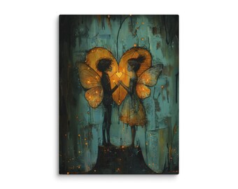 Heart Fairy Lovers Canvas Print, Romantic Fantasy Wall Art, Valentine’s Day Gift, Love Themed Fairytale Art