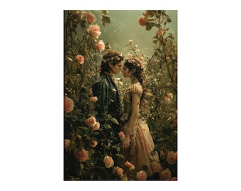 Rose Garden Fairy Lovers Canvas Print, Romantic Fantasy Wall Art, Valentine’s Day Gift, Fairytale Couple Art