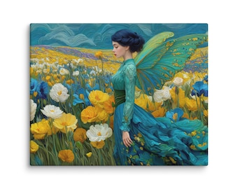 Fairy in Flower Field Canvas Print, Vibrant Floral Fantasy Wall Art, Elegant Nature Decor, Colorful Statement Artwork