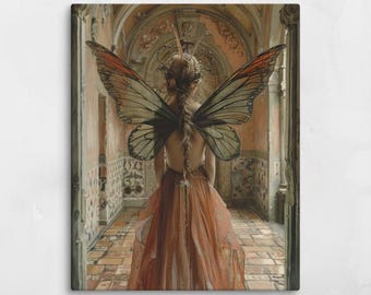 Golden Pink Fairy Canvas – Elegant Fantasy Wall Art – Radiant Magical Woman Print – Soft Enchanted Fairy Decor