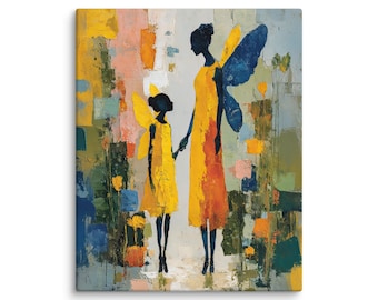 Abstract Mother and Daughter Fairy Art, Modern Fantasy Canvas Print, Minimalist Wall Decor, Mother’s Day Gift