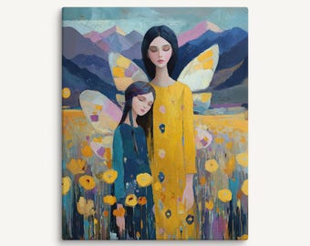 Peaceful Mother and Daughter Fairy Canvas Print, Magical Mother’s Day Gift for Mom, Emotional Fantasy Wall Art