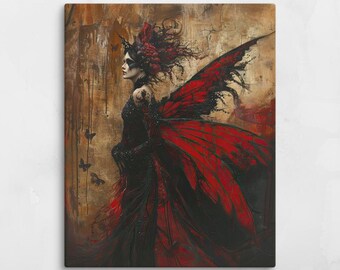 Red Wing Queen – Dark Fairy Print – Gothic Canvas Wall Art – Mystical Fantasy Decor