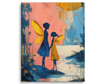 Mother and Daughter Fairy Silhouette Art, Sunset Fantasy Landscape Canvas Print, Mother’s Day Gift for Mom
