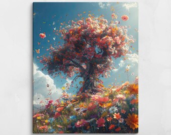 The Fairy Tree, Fantasy Canvas Wall Art, Enchanted Forest Print, Magical Tree Illustration, Whimsical Nature Decor