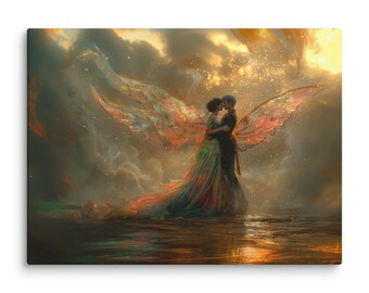 Colorful Sky Fairy Lovers Canvas Print, Romantic Fantasy Wall Art, Valentine’s Day Gift, Dreamy Couple Art