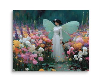 Fairy in Blooming Garden Canvas Print, Romantic Floral Fantasy Wall Art, Elegant Impressionist Style Decor