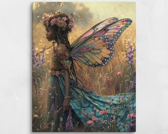 Meadowlight Fairy – Fantasy Nature Canvas Print – Peaceful Boho Wall Art – Earthy Magical Decor – Enchanted Fairy in a Field