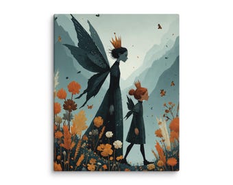 Autumn Journey Fairy Art, Mother and Child Canvas Print, Emotional Fantasy Wall Decor