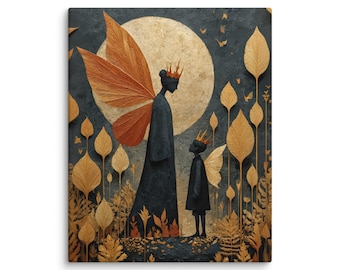 Elegant Mother and Son Fairy Art, Gold Leaf Fantasy Canvas Print, Luxury Mother’s Day Gift for Mom