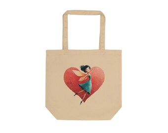 Heart Fairy Tote Bag - Romantic Valentine Tote, Fairycore Canvas Tote, Whimsical Love Gift, Eco Friendly Cotton Bag