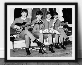 The Beatles Seated on Bench 1963, Black and White Photo, Vintage Wall Art, Fun Wall Art, DIGITAL DOWNLOAD, PRINTABLE