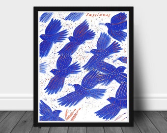 Fassianos Blue Birds Illustration Art Poster, Black and White Photo, Vintage Wall Art, Elegant Wall Art, DIGITAL DOWNLOAD, PRINTABLE