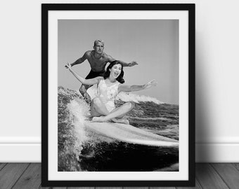 Surfing Couple California Beach, Historical Black White Photo, Vintage Wall Art Poster, DIGITAL DOWNLOAD, PRINTABLE Poster