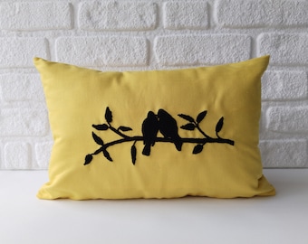Poszewka na poduszkę z motywem ptaka Punch Needle, żółta lniana poduszka (12 x 18 cali)