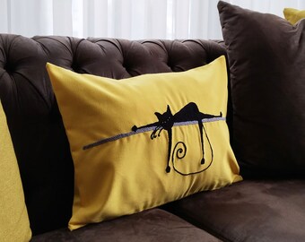 Poszewka na poduszkę z motywem kota Punch Needle, żółty len, haftowana poduszka ozdobna (12 x 18 cali)