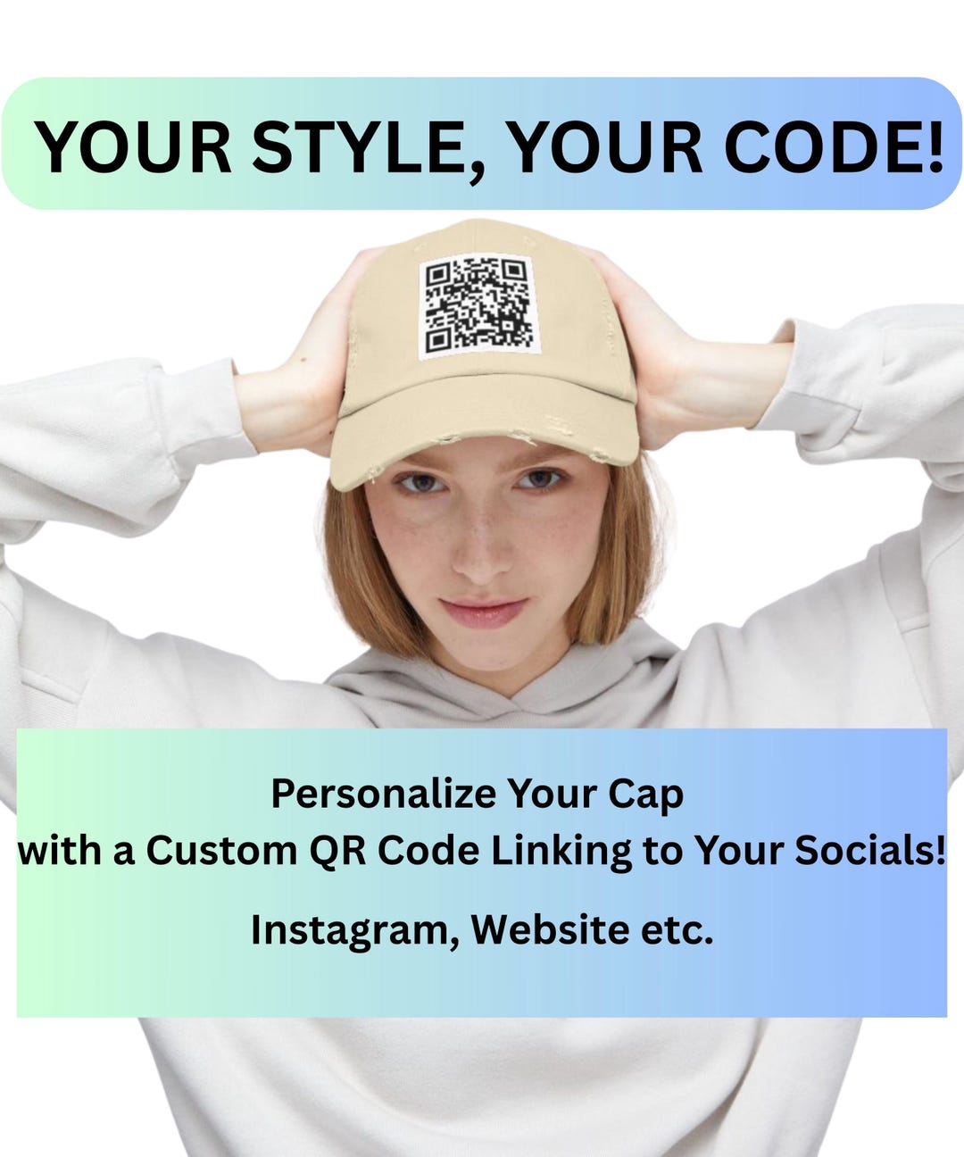 Cap With Qr Code Distressed Cap With Personalized QR Code, Vintage Unisex Hat for ...