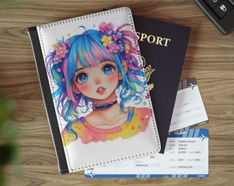 Anime Girl Passport Cover: Faux Leather Travel Wallet