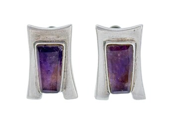 Vintage Taxco Sterling Silver Amethyst Earrings: Erika Hult de Corral Modernist Screwbacks