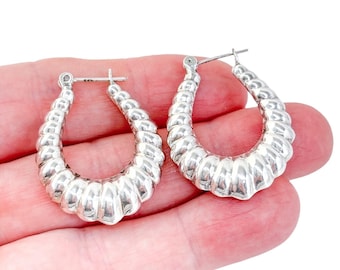 Vintage Sterling Silver 925 Ribbed Teardrop Hoop Earrings | 3.5 cm
