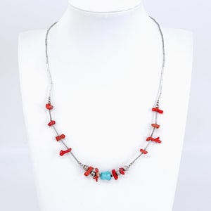 Vintage Liquid Silver Sterling 925 Coral Turquoise Tube Bead Necklace 18”