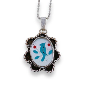 Colgante vintage de arrendajo azul Zuni: incrustación de múltiples piedras en plata de ley
