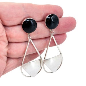 Vintage Taxco Onyx Earrings | Sterling Silver 925 TS-79 | Geometric Dangle 8cm Statement