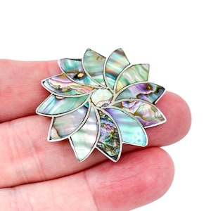 Vintage Taxco Abalone Flower Brooch: Sterling Silver Inlaid Floral Pin