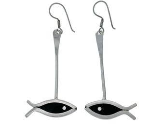 Vintage Taxco Fish Earrings | Sterling Silver 925 TR-06 | Black Enamel Dangle 7cm