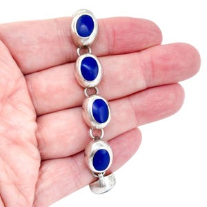 Vintage Mexico Silver Bracelet | 925 Sterling Blue Glass | Oval Link Statement Jewelry 7&quot;