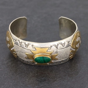 Robert Johnson Navajo Cuff | Sterling Silver & 12K GF | Malachite Kokopelli Bracelet | 6.25&quot; | 38.8g